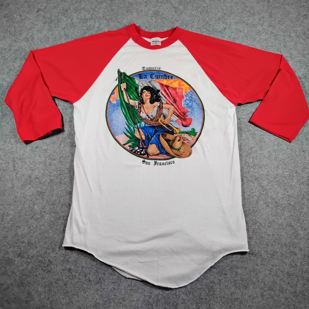 Vintage Stedman Taqueria La Cumbre San Francisco Raglan Shirt Mens L Red White